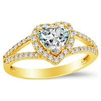 Čvrsti 14K žuti zlatni srčani rez halo vjenčani zaručni prsten sa bočnim kamenjem, CZ Kubična cirkonija