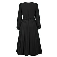 Gotyou haljine ženski dugi rukav slim fit naletirani remen V-izrez elegantna haljina crna l