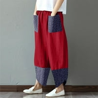 Ženski proljetni i ljetni ispisani patchwork džep pamučne i posteljine casual bagergge hlače Žene radne