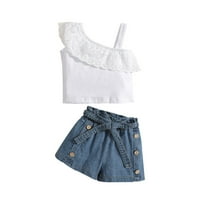 Djevojke za dijete Set Summer Bealesiless čipke bez rukava Shorts Belt Outfits Odjeća za djecu za djecu
