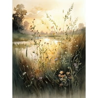 Pomenovani jezerani pejzaž sa divljim cvjetovima u zoru Moderna akvarelna ploča Slikanje Unfamed Wall