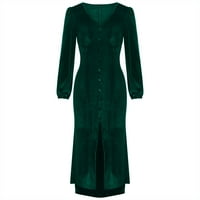 Dugi rukav V-izrez Čvrsti gumb Vojska zelene ležerne haljine za žene Trendy Veličina L