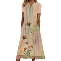 Ležerne ljetne haljine za žene džepove midi haljine Vintage cvjetni print V-izrez kratki rukav plaža