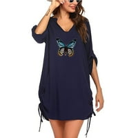Gotyou haljine Ženska modna leptir Print V-izrez Kratka majica bluza plaža Plave S