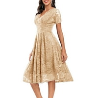 Ženska moda Vintage V-izrez Kratki rukav kontrast dovetail vitka čipkave večernja haljina l