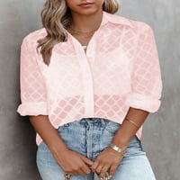 Aleumdr gumb dolje majice za žene V izrez nacrtati dugme dugih rukava niz pukotine bluze na vrhu ružičaste