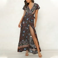haljina plus veličine za ženske ljetne haljine V-izrez na plaži Boemska cvjetna turska haljina plava