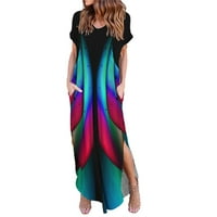 Yinguo Women Ljeto V izrez Print Maxi Dress Casual Labavi džepovi Dugi haljina kratkih rukava Split