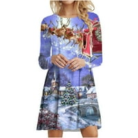 Božićne haljine za žene Ležerne prilike na dugim rukavima Linija Xmas Midi Party Holiday Swing haljina Shift Haljina slatka klasična odmor nebesko plavo l