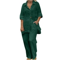 Ženska pamučna posteljina odijela casual bagerg dugih rukava niz majice i široke pantalone za noge postavljaju