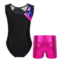 MSEMIS Kids Girls Gimnastika Yoga Dance Sports Set Prints Leotard i metalne kratke hlače Plesna odjeća