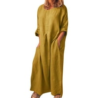 Ležerna haljina za žene s dugim rukavima od punog o-vrata ljeto pamučna maxi haljina sa džepovima 3xl