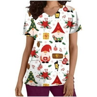 Olyvenn božićne košulje Ženske vrhove Plus size Labavi ženski kratki rukav V-izrez na vrhu Uniform tiskanih džepova za bluzu za žene