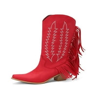 Fangasis Womens Comfort Tassel Boots Chunky Heel Vintage Work V Cut vezeni zapadnjački čizme crveno