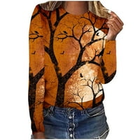 Zkozptok Ženski vrhovi Crewneck Dugi rukav pulover Vintage Ispis Jesen Ležerne duksere, Narančasta,