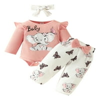Baby Girl Fall Outfits slon s dugih rukava Ispis novorođenče rebraste rame + luk hlače + set za glavu