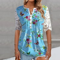 Tking Fashion Womens Ljeto Plus size Polu rukav V izrez cvjetni vrhovi ispisa Lace čipke patchwork t