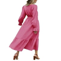 Ženska casual ravnica V izrez Line ekstra ružičaste haljine s dugim rukavima s