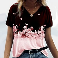 WHLBF Ljetno čišćenje Žene Labavi kratki modni V-izrez kratki rukav na vrhu majica Flower Prints