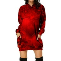 Jesenske haljine za žene modno srce print pulover džep s kapuljačom s kapuljačom s dugim rukavima crvena