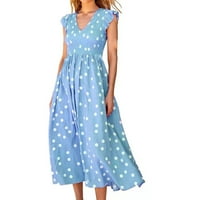 Haljine za žene polka dot v-izrez a-line dužina gležnja teksturiranog kratkih rukava ljetna haljina