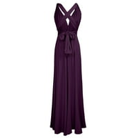 Haljine za žene duge ležerne pune rukavice maxi V-izrez Ljetna haljina tamno ljubičasta L