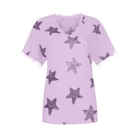 Bazyrey ženske bluza Žene Ljeto V-izrez zvijezda Ispis kratkih rukava čipke patchwork majice bluza ljubičasta