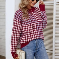 Ženski džemper vrhovi - dugi rukav karirani elegantni modni pleteni vrhovi izrez za izrez za slobodno
