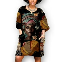 Ženska modna afrička vintage Print Srednji rukav V izrez Casual Mini haljina Ženska vintage Print Mid