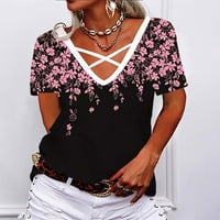 Bluze za žene Modni ženski tiskani V-izrez labav, ležerna majica kratkih rukava T-majica Dame Top Pink
