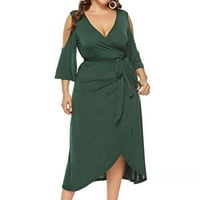 Moda plus veličina Žene s ramena haljina od pune boje V izrez kratki rukav prorez čipke up haljina zelena