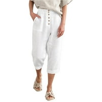 Ležerne pantalone za žene ženske kože pantalone pamučno posteljina prednji gumb prema gore struk hlače