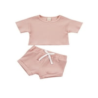 Liacowi Toddler Baby Girls Ljetne odjeće Rebraste pletene majice kratkih rukava + kratke hlače Ležerne odjeće