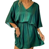 Bazyrey ljetne haljine za žene čvrste haljine ženske V-izrez Modni kratki rukav A-line haljine zelena