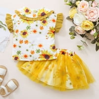 Kucnuzki Toddler Djevojčica Odjeća 2T Ljetne suknje 3T Kratki rukav čipke Sunflower Prints Print Sall Lapel Top Elastic Tulle Pleated suknje od suknje