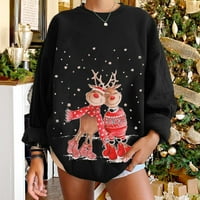 Francuska Dimple Ženska modna Ležerna zabava Božićni ispis Okrugli džemper sa otvorenim sportovima TOP pulover crni
