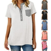 Ženska ljetna majica Casual okrugli vrhovi vrata gumb Solid Color Patchwork Ladge Pocket Bluza s kratkim