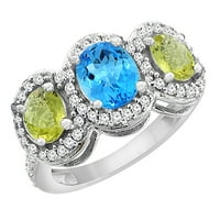 10k bijeli zlatni prirodni švicarski plavi topaz i limunski kvarcni 3-kameni prsten ovalni dijamantski akcent, veličina 7.5
