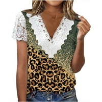 Yyeselk Crochet Majice za žene Ležerne prilike seksi V-izrez kratkih rukava Trendy Sequin Leopard Ispiši