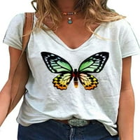 Pfysire Womens Butterfly Print Majica kratki rukav V bluza izreza bijela l