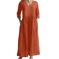 Vivianyo HD Womens Haljine Cleariance Moda Ženska proljeće Ljeto V-izrez pamuk posteljina haljina narančasta