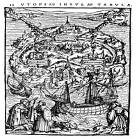 Pogled na utopiju. Nwoodcut, verovatno ambrosius holbein, iz Sir Thomasa More 'Utopia,' Basel, Švicarska,