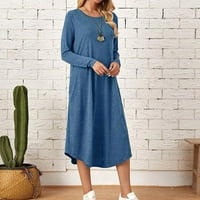Flowy haljina za žene plavi poliester, spandex, pamučna jesenska i zimska ženska odjeća od pune boje