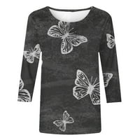 Žene Butterfly Print bluze Modne majice rukave s rukavima Crew Crt Tees Jesen Modni vrhovi padajući