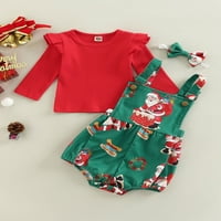 Binweede Dječji komad, dugi rukav okrugli izrez ruffle majica od pune boje + Božićni santa print kratke hlače
