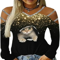 Kapteze Žene s ramena Bluza Casual Dugi rukav V Tunic Tuntic Majica Cat Print Hollow Majica Spring Holiday