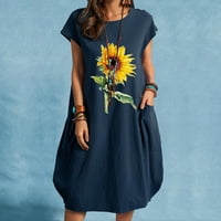Olyvenn popust Midi haljine za žene modne dame Ljeto tunika Labavi kratki rukav dvostruki džep suncokret