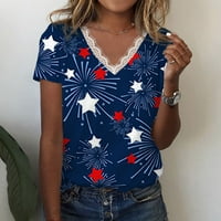 Gotyoou ženske vrhove Žene V-izrez kratki rukav čipka za patchwork Top Nezavisnosti Dan Ispiši majicu