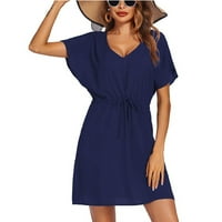 Ljetne haljine za žene V-izrez Mini labavi A-linijski odlični kratki rukav Dress Blue XL