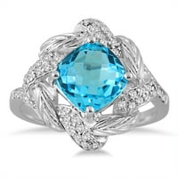 Ženski 2. karatni jastuk rezan plavi topaz i originalni dijamantski prsten u 10k bijelo zlato